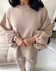 Elika Beige Soft Batwing Top Elasticated Cuff Trouser Co Ord Set