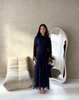 Velora Navy Floral Mesh Lined Ruched Waist Modest Dress