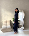 Velora Navy Floral Mesh Lined Ruched Waist Modest Dress