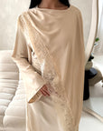Layali Beige Lace Trim Detail Asymmetrical Cape Dress