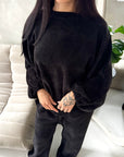 Elika Black Soft Batwing Top Elasticated Cuff Trouser Co Ord Set