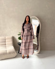 Baya Mocha Tartan Print Cinch Waist Shirt Dress