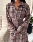 Baya Mocha Tartan Print Cinch Waist Shirt Dress
