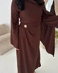 Nevin Brown Gold Buckle One Side Drape Dress