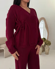 Harper Wine Plain Knitted Wrap Trouser Co Ord