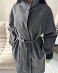Danya Dark Grey High Neck Belted Double Breasted Coat