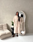 Danya Beige High Neck Belted Double Breasted Coat