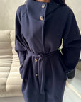 Danya Navy High Neck Belted Double Breasted Coat