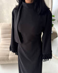 Fina Black Tassel Sleeve High Nick Plain Tie Back Modest Dress