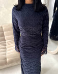 Lumi Navy Lace Lined Tie Back Side Ruched Modest Dress