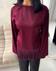 Shay Wine Tassel Hem Tie Back Satin Top