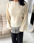 Shay Cream Tassel Hem Tie Back Satin Top