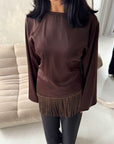 Shay Brown Tassel Hem Tie Back Satin Top