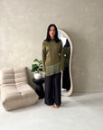 Shay Olive Green Tassel Hem Tie Back Satin Top