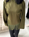 Shay Olive Green Tassel Hem Tie Back Satin Top