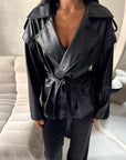 Aria Black Short Leather Belted Trench Jacket