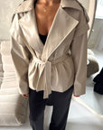 Aria Beige Short Leather Belted Trench Jacket