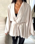 Amara Beige Belted Thick Open Cardigan-House Of Haniya