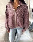 Emma Wine Checked Zipper Bomber Jacket-House Of Haniya
