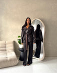 Aria Brown Short Leather Belted Trench Jacket