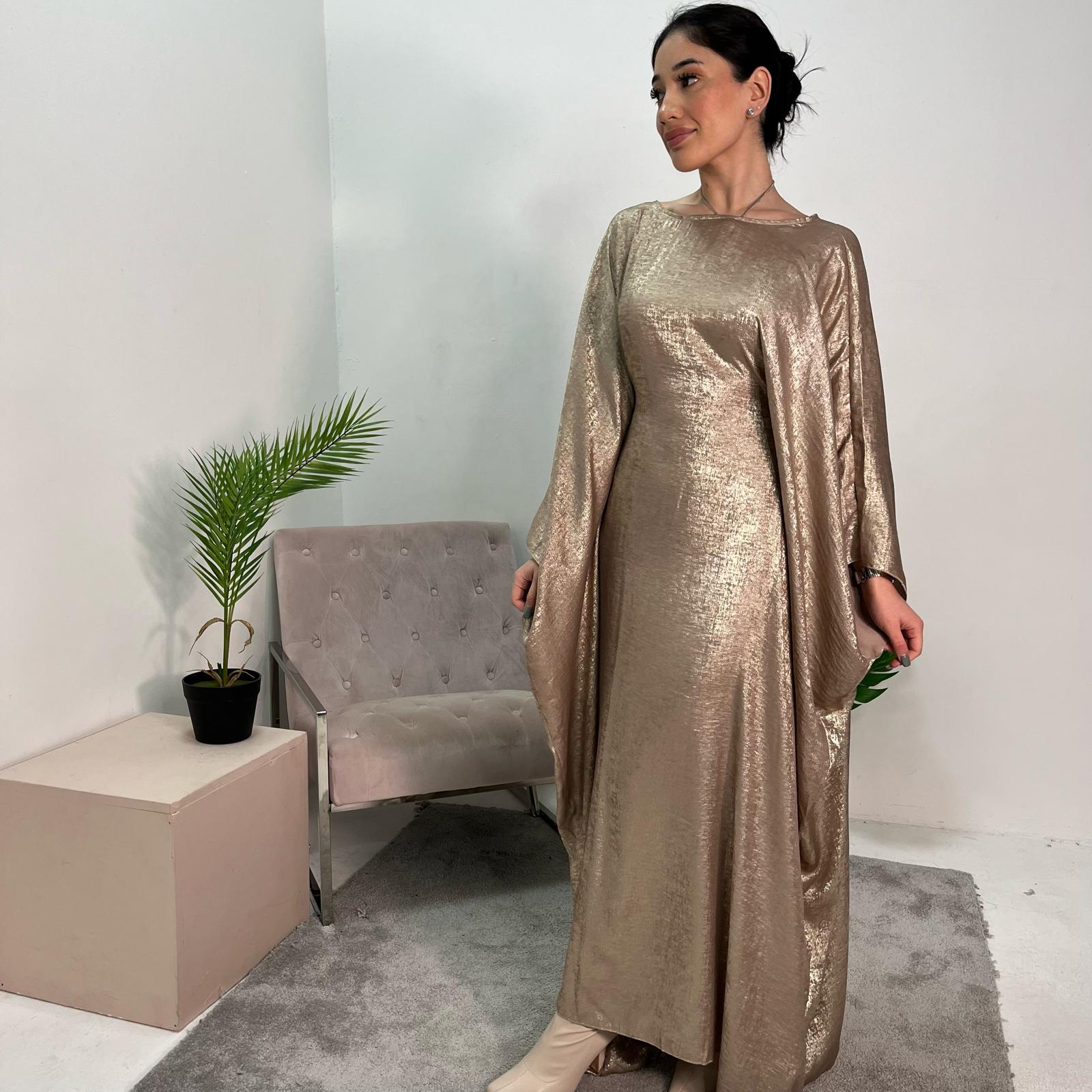 Rabia Gold Metallic Elasticated Batwing Kaftan Dress – House Of Haniya