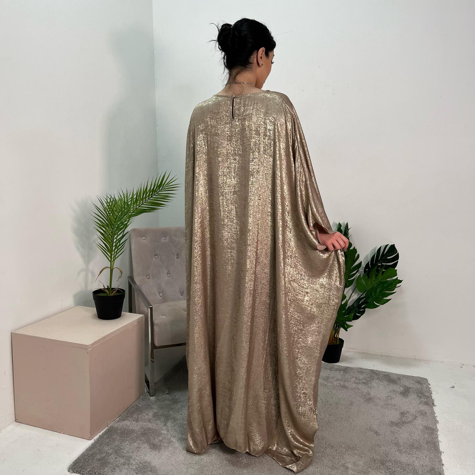 Rabia Gold Metallic Elasticated Batwing Kaftan Dress House Of Haniya Rabia Gold Metallic Elasticated Batwing Kaftan Dress House Of Haniya
