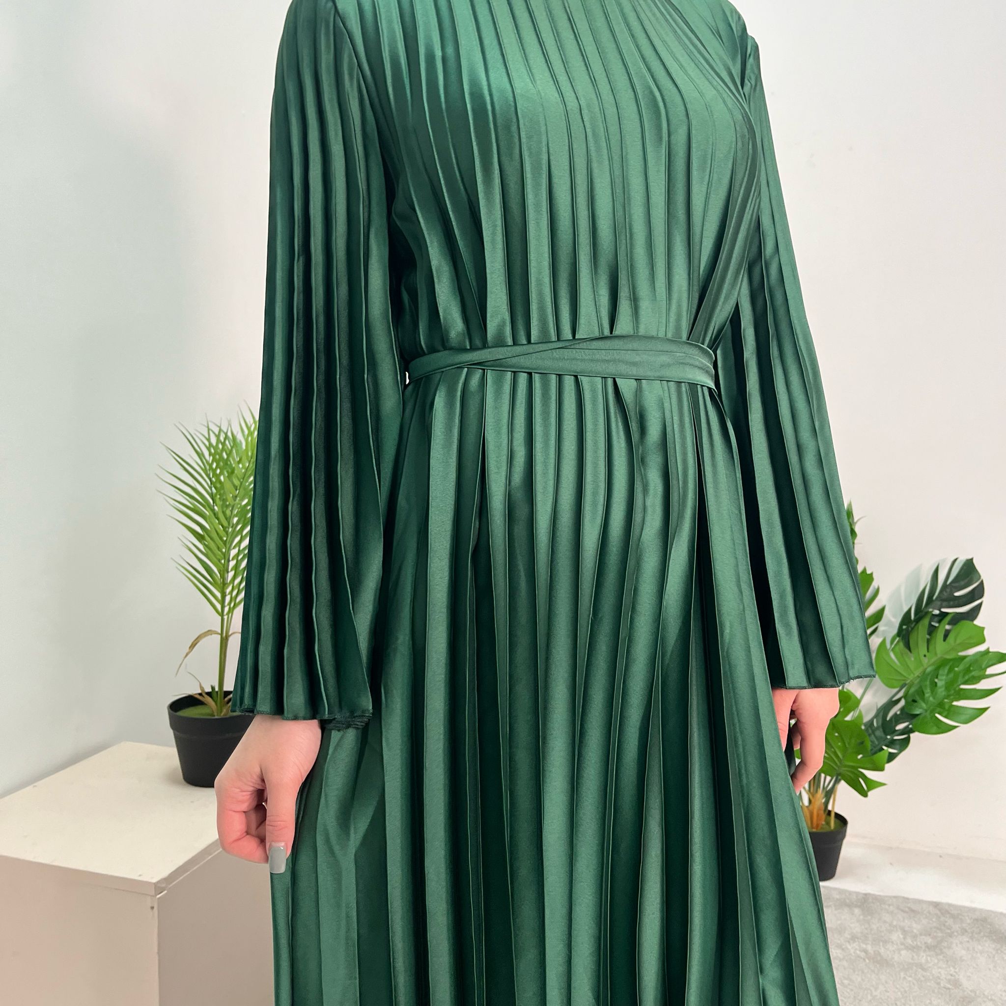 Aaliyah Emerald Green Satin Pleated Belted Dress – House Of Haniya