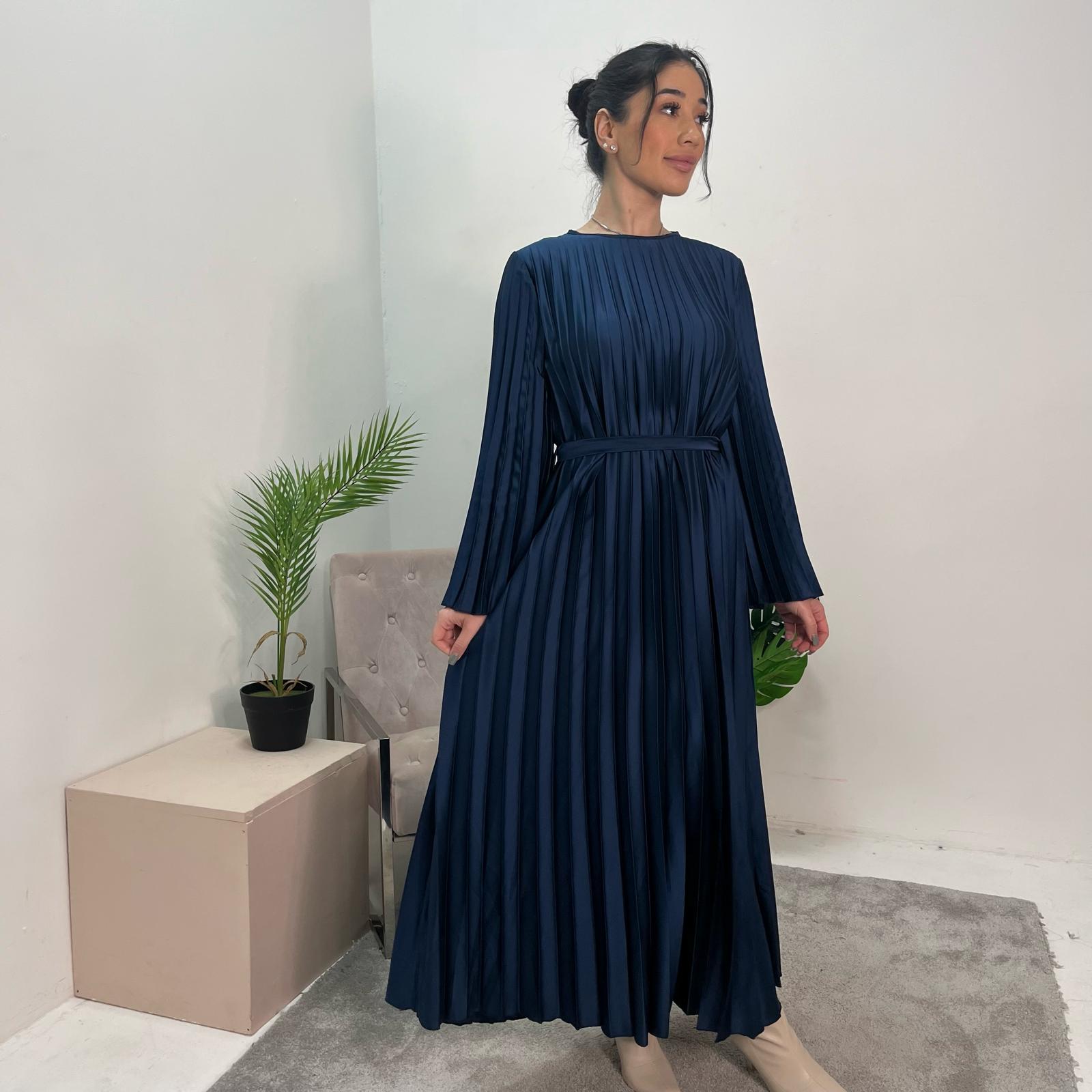 Aaliyah Midnight Blue Satin Pleated Belted Dress House Of Haniya Aaliyah Midnight Blue Satin Pleated Belted Dress House Of Haniya