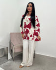 Noura Wine Floral Linen Printed Co-ord Set with Plain Trouser