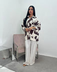 Noura Chocolate Floral Linen Printed Co-ord Set with Plain Trouser