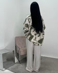 Noura Khaki Floral Linen Printed Co-ord Set with Plain Trouser