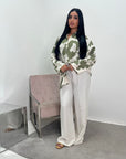 Noura Khaki Floral Linen Printed Co-ord Set with Plain Trouser
