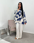 Noura Navy Floral Linen Printed Co-ord Set with Plain Trouser