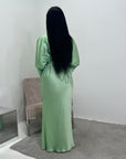 Una Mint Satin Tie Back Frill Sleeve Modest Dress