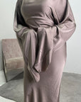 Una Mocha Satin Tie Back Frill Sleeve Modest Dress