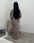 Una Mocha Satin Tie Back Frill Sleeve Modest Dress