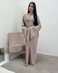 Una Mocha Satin Tie Back Frill Sleeve Modest Dress