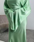 Una Mint Satin Tie Back Frill Sleeve Modest Dress
