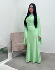 Una Mint Satin Tie Back Frill Sleeve Modest Dress