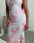 Inai Pink Sleeveless Elegant Summer Floral Lined Modest Dress With Flare Sleeve