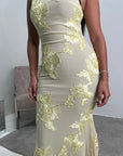 Inai Yellow Sleeveless Elegant Summer Floral Lined Modest Dress With Flare Sleeve
