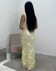 Inai Yellow Sleeveless Elegant Summer Floral Lined Modest Dress With Flare Sleeve