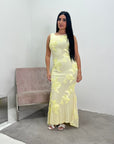 Inai Yellow Sleeveless Elegant Summer Floral Lined Modest Dress With Flare Sleeve