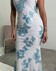 Inai Sky Blue Sleeveless Elegant Summer Floral Lined Modest Dress With Flare Sleeve