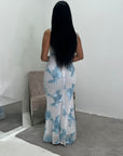Inai Sky Blue Sleeveless Elegant Summer Floral Lined Modest Dress With Flare Sleeve