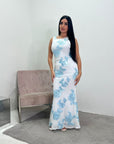Inai Sky Blue Sleeveless Elegant Summer Floral Lined Modest Dress With Flare Sleeve