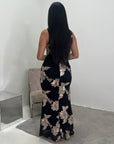 Inai Black Sleeveless Elegant Summer Floral Lined Modest Dress With Flare Sleeve