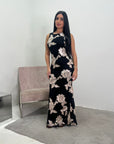 Inai Black Sleeveless Elegant Summer Floral Lined Modest Dress With Flare Sleeve
