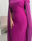 Zel Magenta Off Shoulder Mesh Cape Premium Elegant Dress