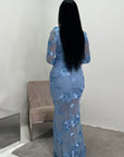 Hari Sky Blue Elegant Summer Floral Lined Modest Dress Flare Sleeve